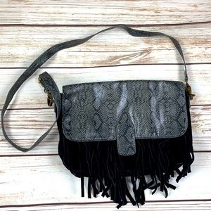 UO Ecoté Snakeskin Color Block Leather Suede Black Fringe Crossbody bag